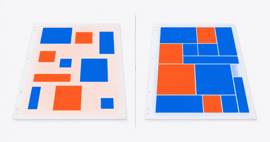 DTF gang sheet yield comparison — poor nesting versus optimised design layout on film