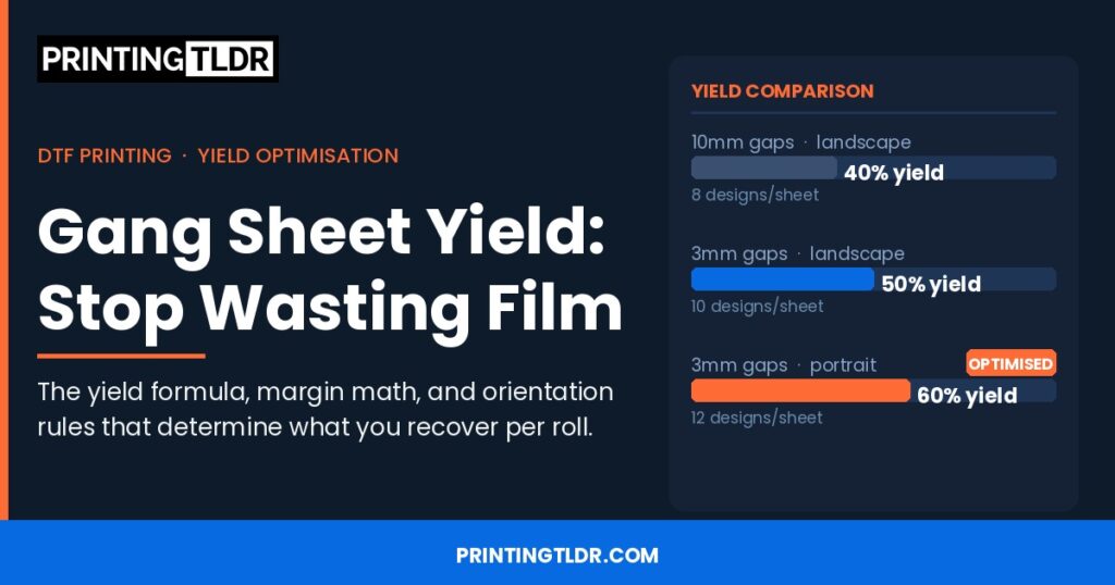 DTF gang sheet yield comparison chart — 40% vs 50% vs 60% yield with margin and orientation optimisation