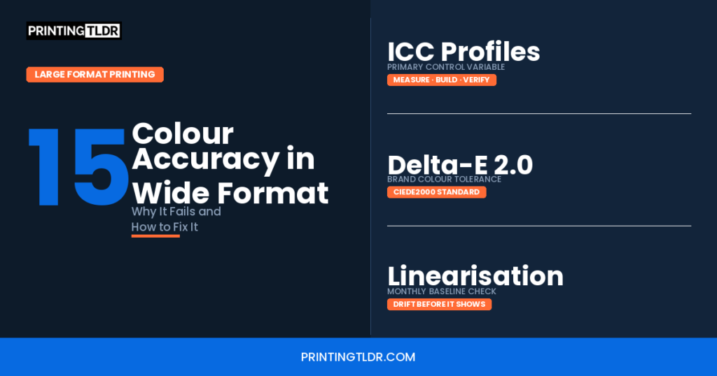 Colour accuracy in wide format printing — ICC profiles, Delta-E tolerances, and linearisation guide for print production shops
