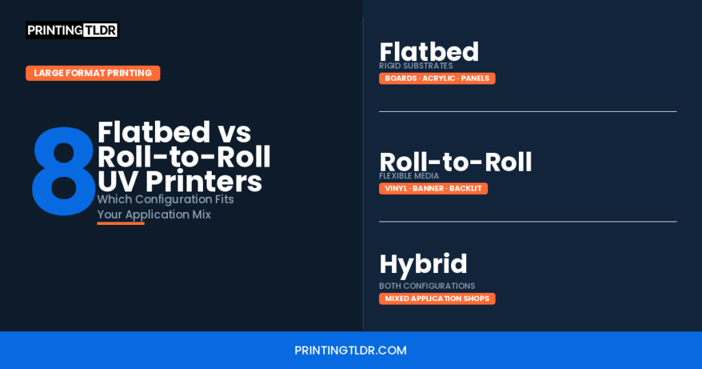 Flatbed vs roll-to-roll UV printer comparison — application mix, substrate types, and configuration guide for wide format shops