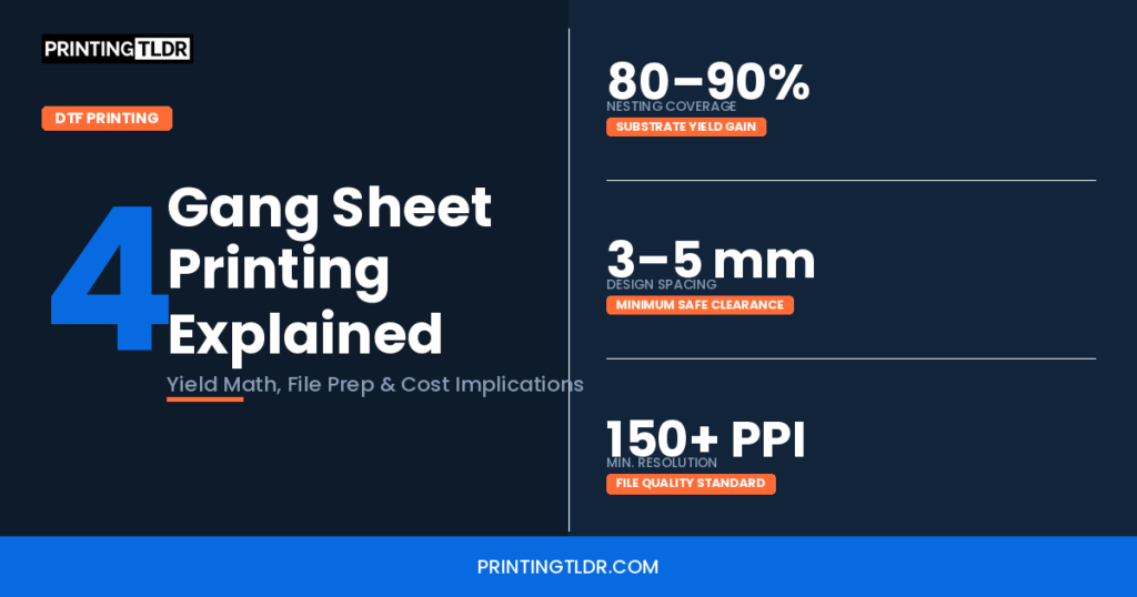 Gang sheet printing explained — yield math, nesting coverage and file preparation guide for DTF production shops