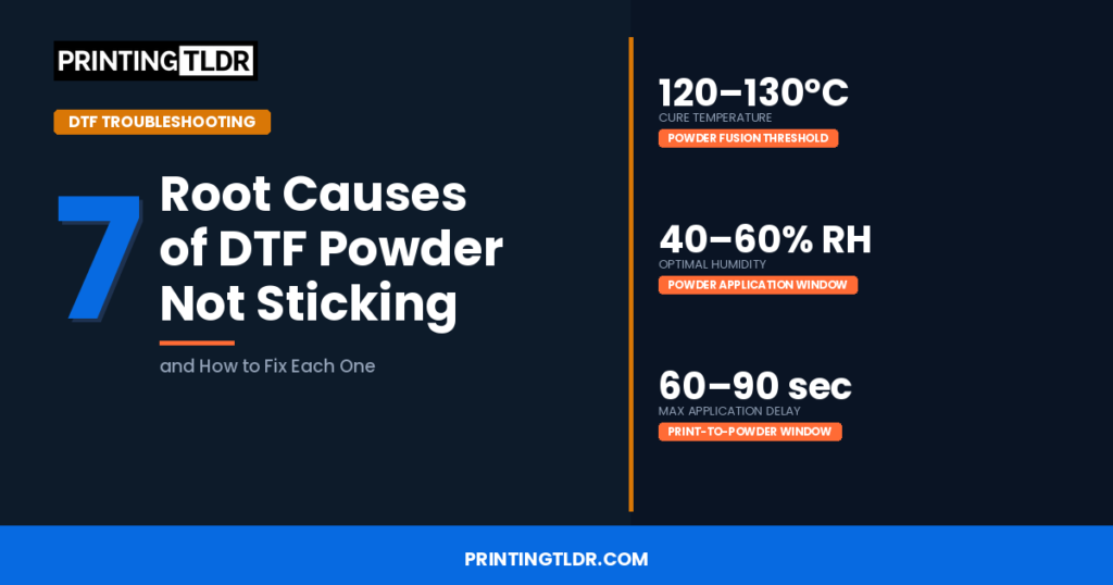 DTF powder not sticking troubleshooting guide showing 7 root causes, cure temperature 120–130°C, and optimal humidity range for powder application