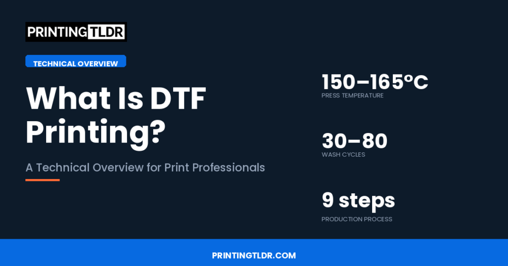 What is DTF printing – technical overview showing press temperature, wash durability, and 9-step production process