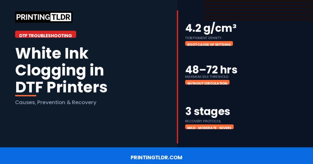 DTF white ink clogging guide showing titanium dioxide density, 48-72 hour idle threshold, and three-stage recovery protocol for DTF printers
