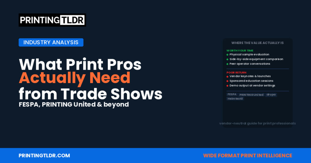 What wide format print professionals actually need from trade shows — FESPA, PRINTING United, drupa guide