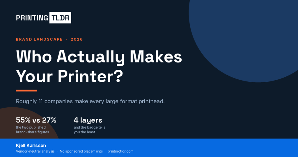 Printing TLDR brand landscape card: Who actually makes your printer? Roughly 11 companies make every large format printhead.