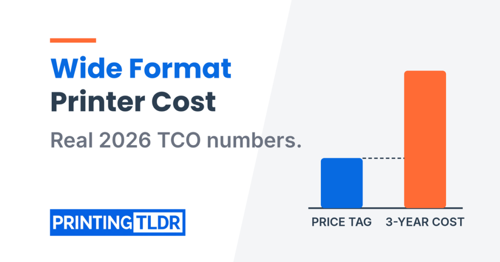 Printing TLDR graphic: wide format printer cost, bar chart comparing the printer price tag with the three-year cost